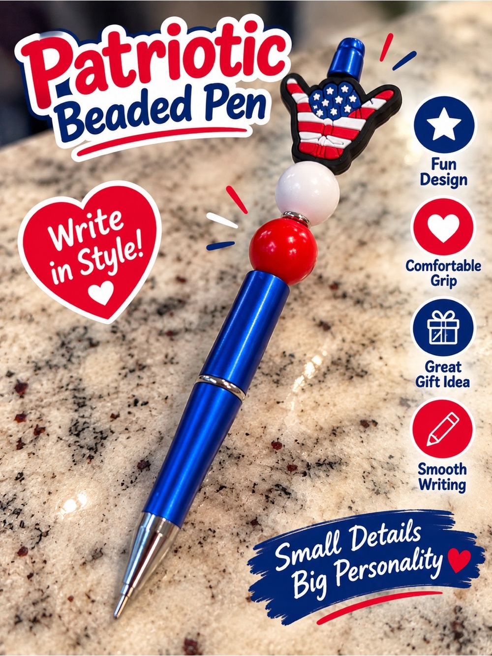 Blue Decorative Patriotic Ballpoint Pen with USA Hand Charm